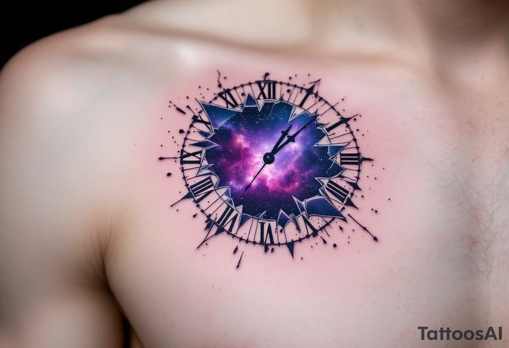 A clock with a shattered glass face, revealing a cosmic nebula behind it in hues of violet, magenta, and deep indigo. tattoo idea