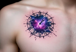 A clock with a shattered glass face, revealing a cosmic nebula behind it in hues of violet, magenta, and deep indigo. tattoo idea