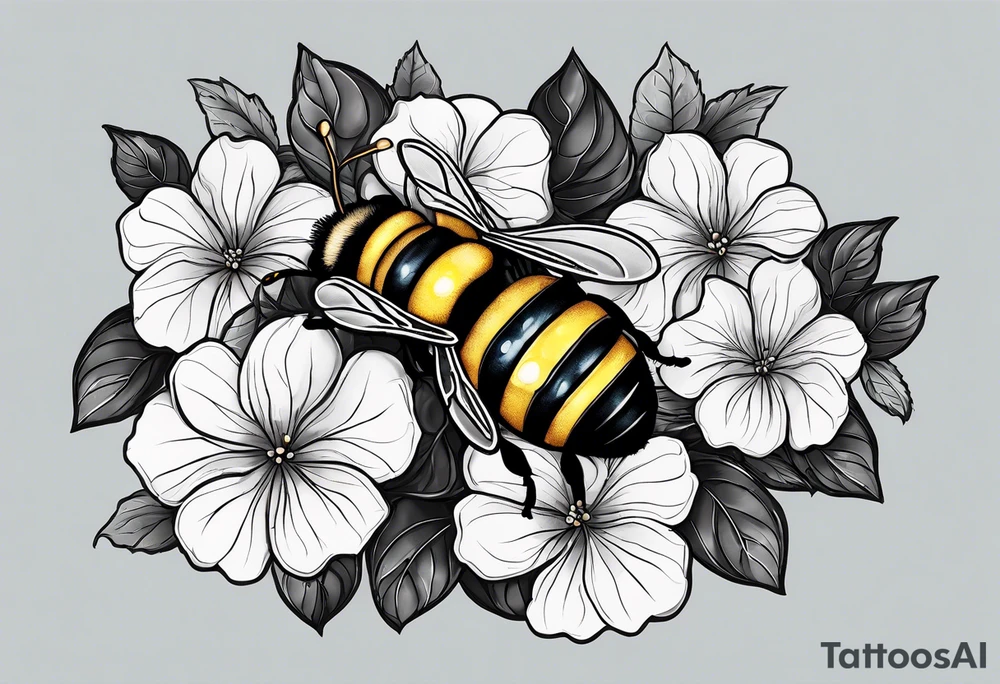 Small tattoo. There’s a hydrangea and a bee but they are not touching. Make the bee smaller than the hydrangea and have the bee off to the side. tattoo idea