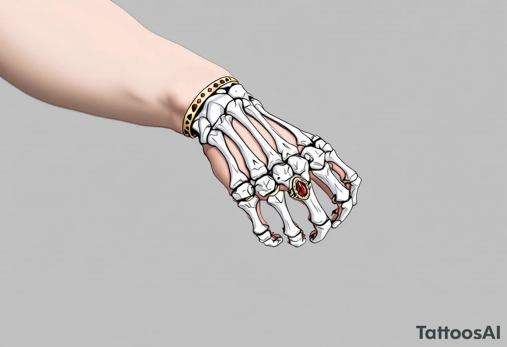 King’s Skeleton Hand – A majestic bone-white hand, wearing a tarnished golden ring with a ruby, symbolizing lost royalty and power beyond death. tattoo idea