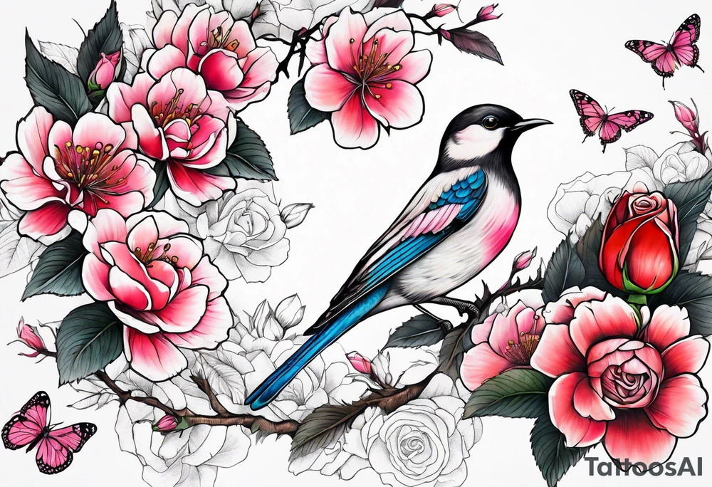 Japanese cherry blossom with birds, butterflies and rose tattoo idea