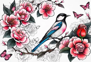 Japanese cherry blossom with birds, butterflies and rose tattoo idea