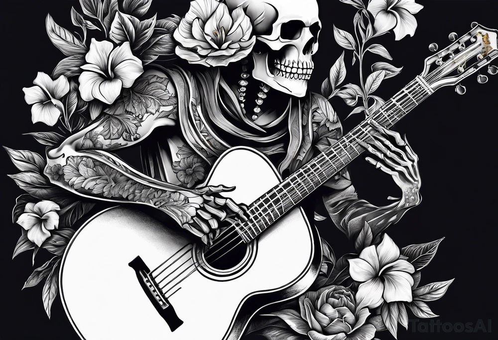 skeleton playing guitar. Hibiscus flower tattoo idea