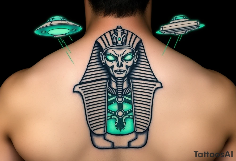 "Pharaoh's sarcophagus opening to reveal a grey alien. Instead of organs: glowing crypto wallets. Floating UFOs are shaped like Chevy Impalas (lowrider style).  

Style: Neo-traditional tattoo with glitch effects. Colors: turquoise/black/neon green." tattoo idea