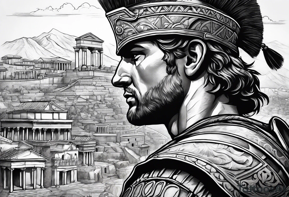 Close up of roman solider looking at ancient city in the background tattoo idea