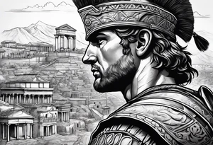 Close up of roman solider looking at ancient city in the background tattoo idea