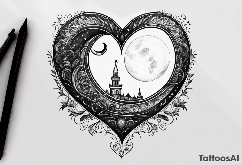Crescent moon with a love heart inside tattoo idea