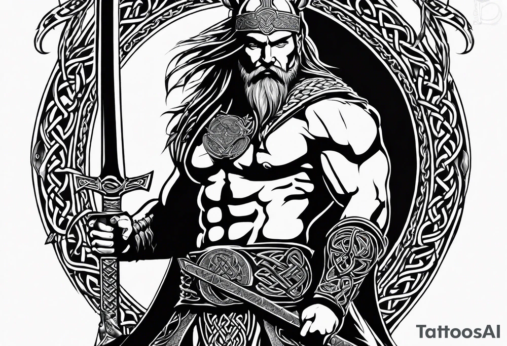 Sideways facing full body shot of a Celtic warrior with weapons unsheathed tattoo idea