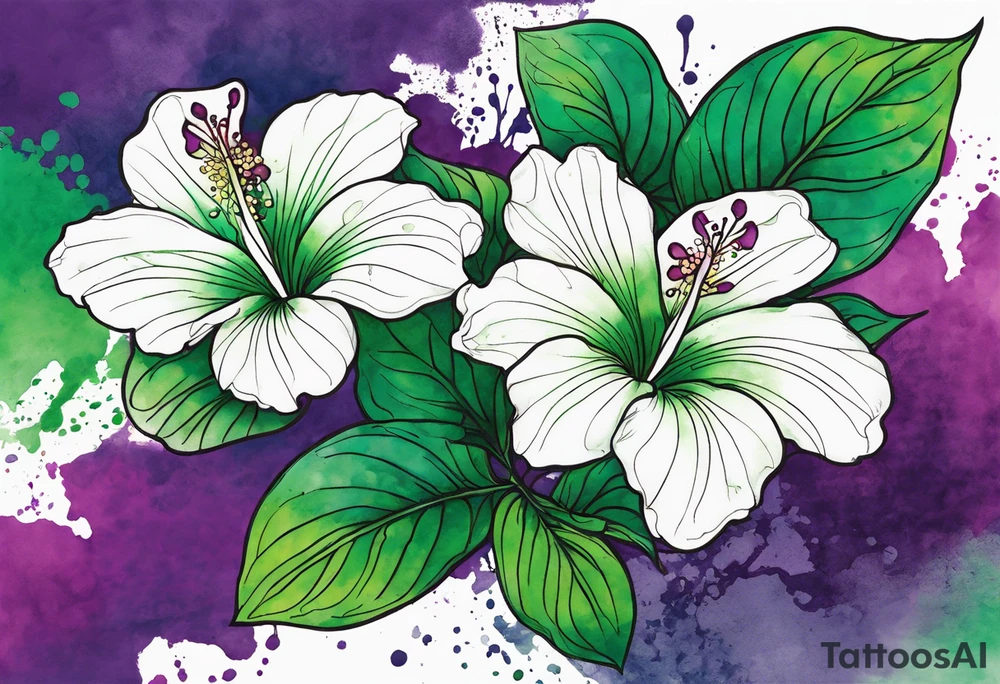 An outline of an only green rio dipladenia flower and a green and purple watercolor splash in the background tattoo idea