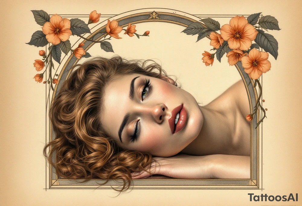 Alfons Mucha’s romantic portrait of a woman with chestnut curls, resting beneath an arched frame of bronze and peach blossoms. tattoo idea