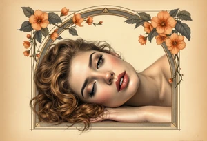 Alfons Mucha’s romantic portrait of a woman with chestnut curls, resting beneath an arched frame of bronze and peach blossoms. tattoo idea