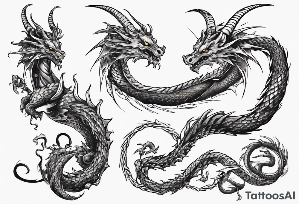 a long dragon intertwined along the arm with horns, mane, scales tattoo idea
