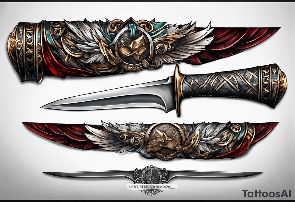 Forearm tattoo of Roman blade with father and son hands around blade tattoo idea