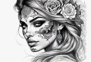 Half skull half beautiful lady face tattoo idea