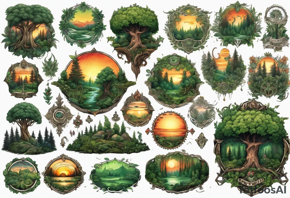 sunset in a lush green forrest, detailed, ornament, stunning, high quality, intricate, ultra realistic tattoo idea