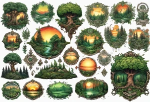 sunset in a lush green forrest, detailed, ornament, stunning, high quality, intricate, ultra realistic tattoo idea