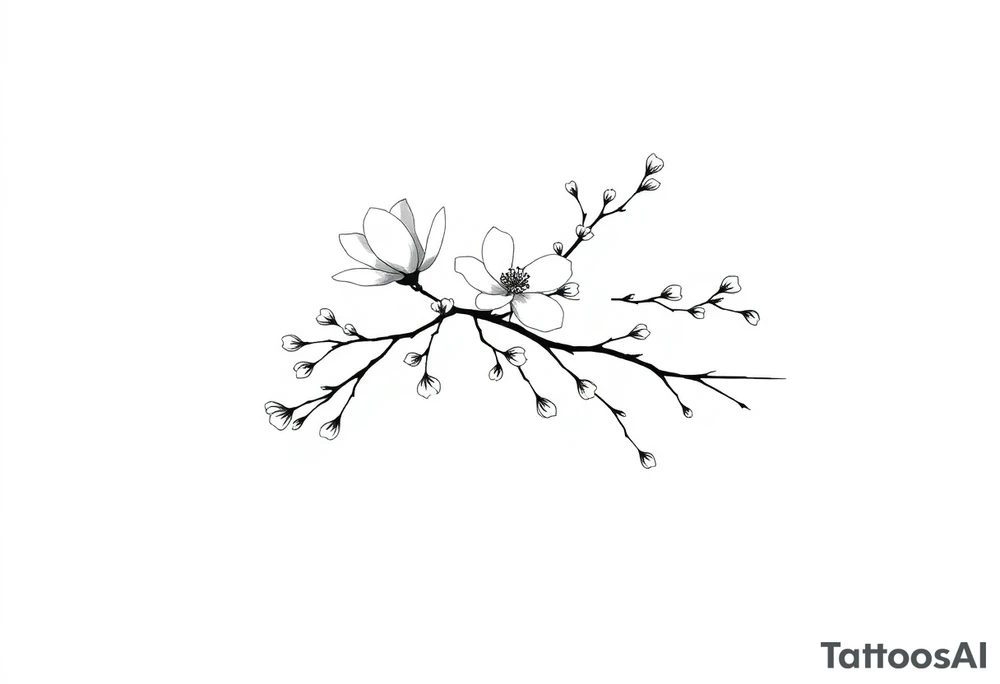 Graceful long magnolia branch with small flowers in early blossom stage tattoo idea