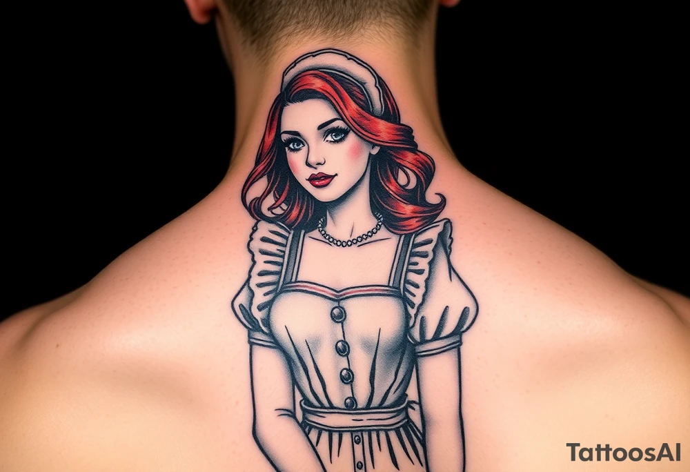 Traditional pin up girl with red hair and blue eyes and wearing a milkmaid maid style dress tattoo idea