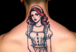 Traditional pin up girl with red hair and blue eyes and wearing a milkmaid maid style dress tattoo idea
