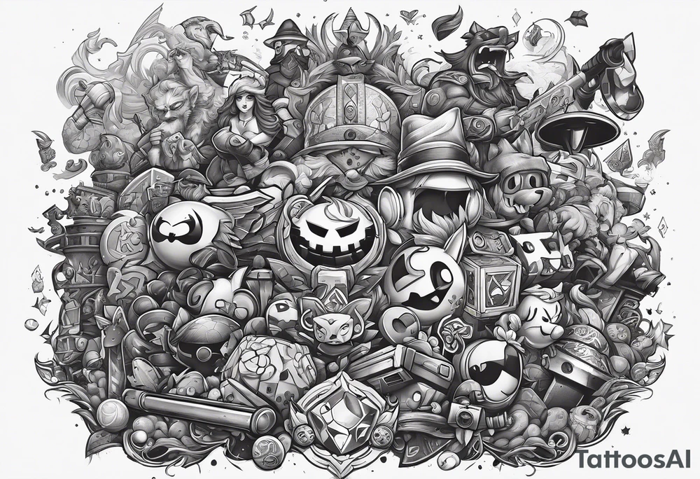 a stylized collage of iconic gaming symbols, characters, and items from various beloved games tattoo idea