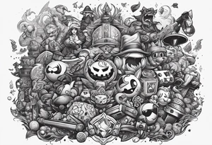 a stylized collage of iconic gaming symbols, characters, and items from various beloved games tattoo idea