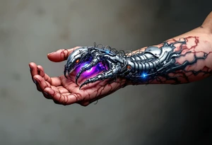 A biomechanical structure crawling up from the palm in brushed aluminum, surrounded by glowing violet circuitry and torn muscle detail. tattoo idea