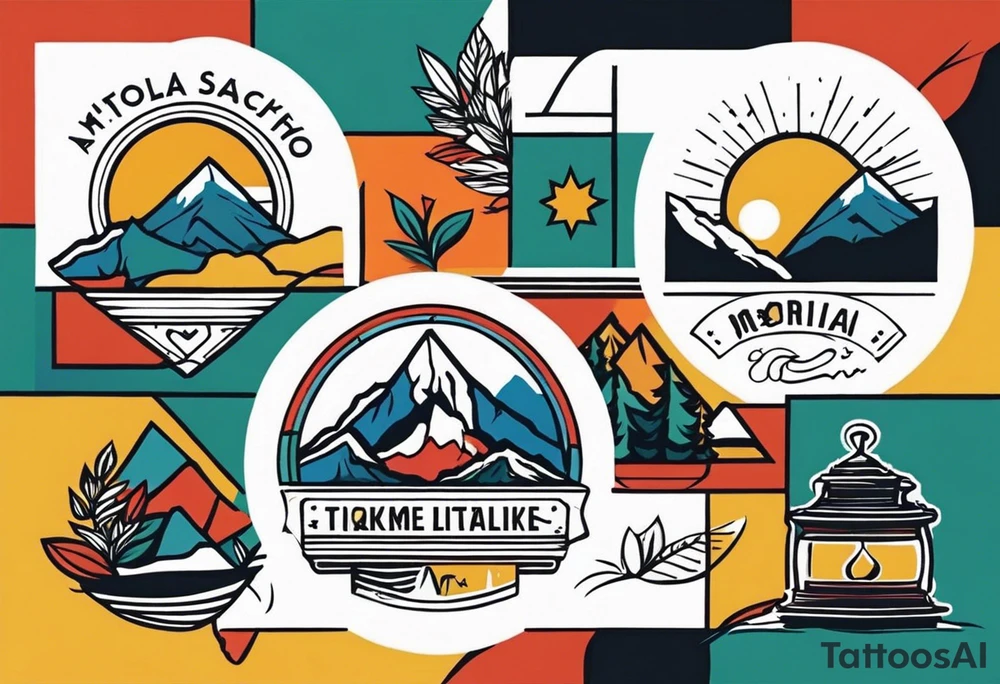 composizione con un esploratore che fa trekking e sullo sfondo una montagna (Gran Sasso, Italia) tattoo idea