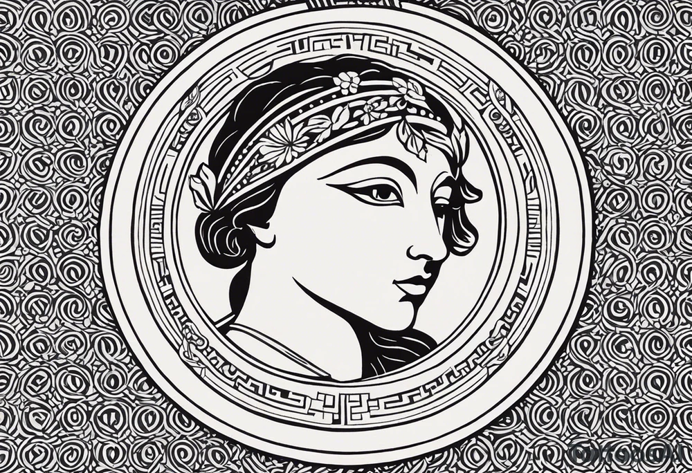 "Craft a minimalist round tattoo inspired by ancient Greek art, featuring Clio, the muse of history. Design a circular composition with Clio depicted in the center, holding a scroll. Surround her with simple yet symbolic elements such as laurel wreaths, scrolls, or geometric patterns reminiscent of ancient Greek pottery. Ensure the design maintains a minimalist style, with clean lines and limited detail, while capturing the essence of Clio's affinity for knowledge and the arts within the circular frame." tattoo idea