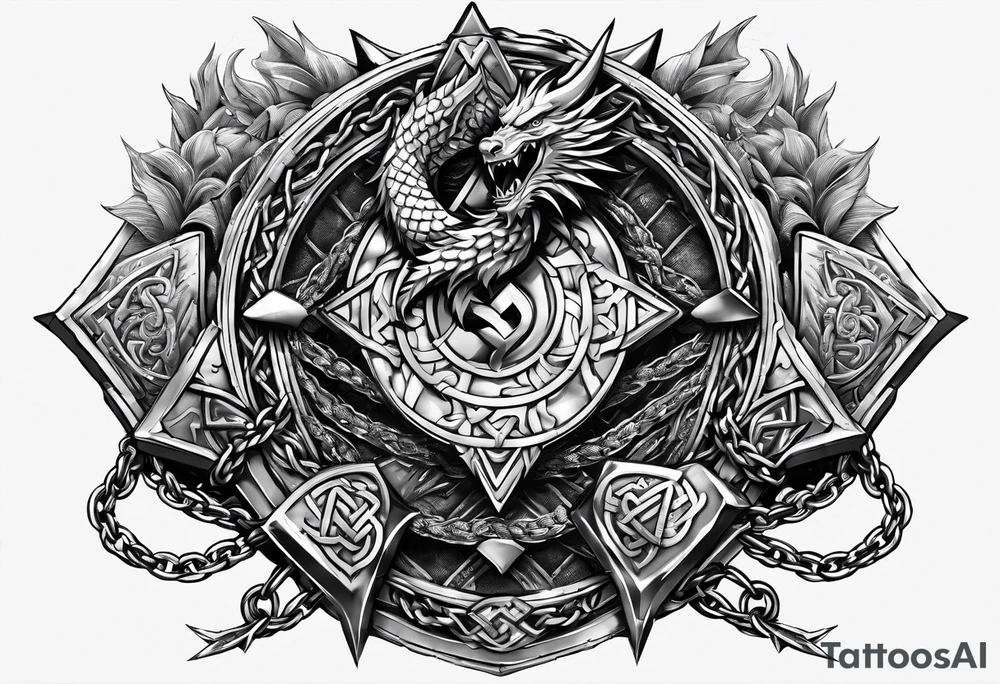 Valhalla sword shield dragon axe Valknut barbed wire chains fire tattoo idea