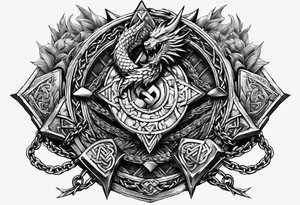 Valhalla sword shield dragon axe Valknut barbed wire chains fire tattoo idea