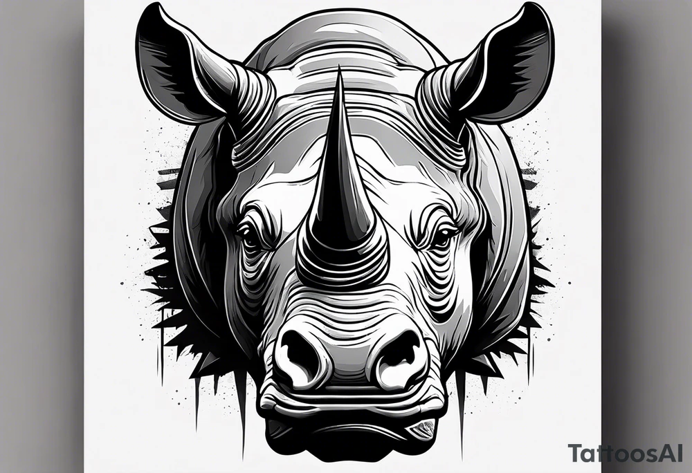 A front-facing rhino head with a sharp elongated tusk that appears angry and fierce. Ears pointed straight up and forward a bit. tattoo idea