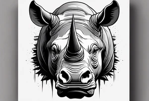 A front-facing rhino head with a sharp elongated tusk that appears angry and fierce. Ears pointed straight up and forward a bit. tattoo idea