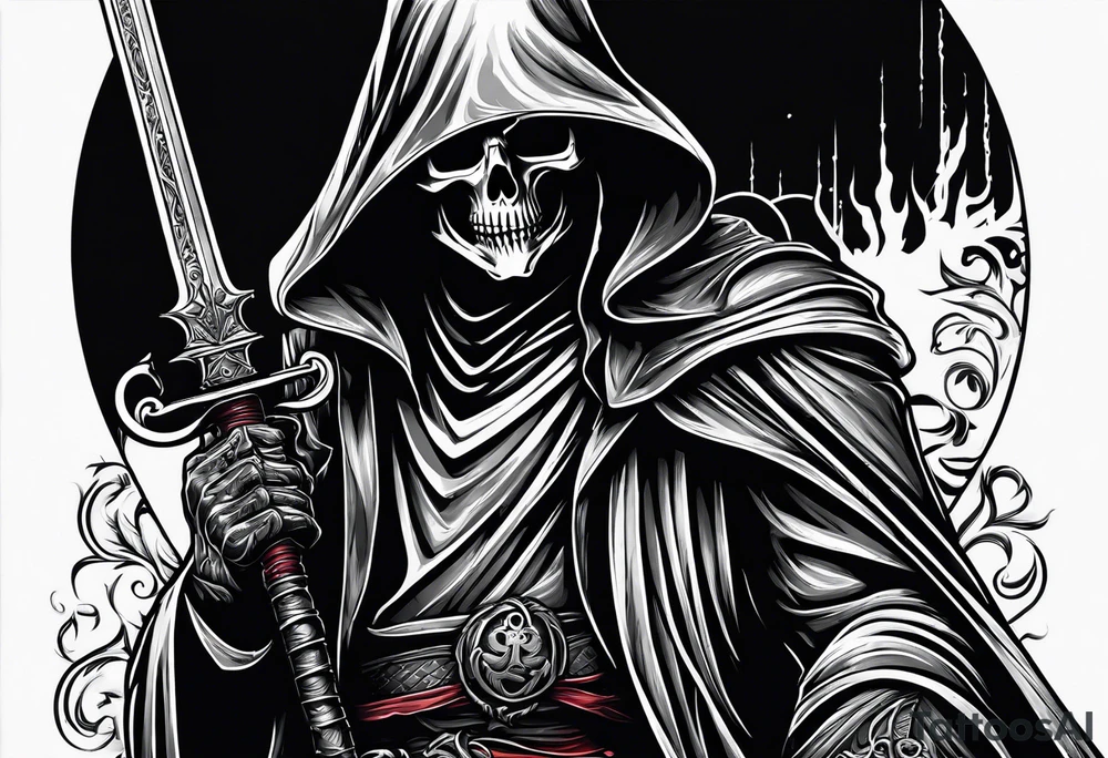 grim reaper with sword and pistol tattoo idea