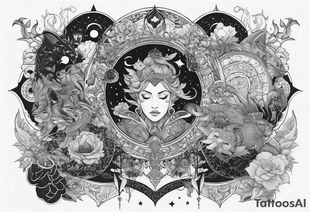 High fantasy collage tattoo sleeve tattoo idea