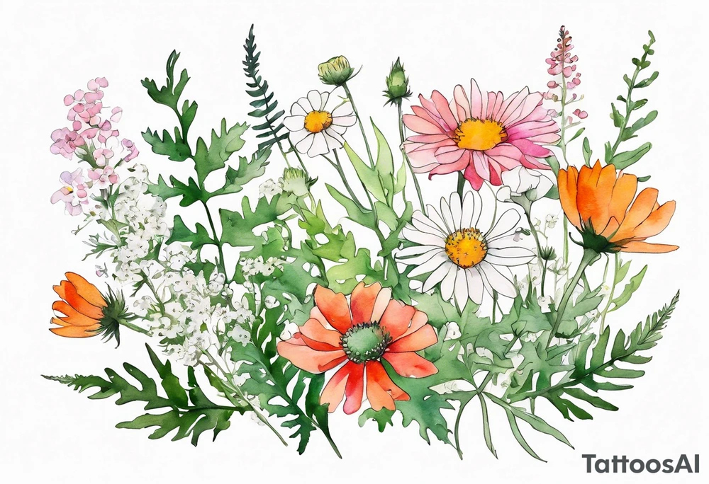 simple wildflowers cascading with thistles, ferns, white anemones, sun flowers, red flowers, pink flowers, green flowers, buttercups, orange flowers, babys breath and daisies all in watercolor tattoo idea