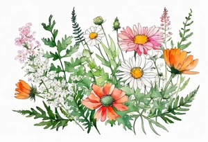 simple wildflowers cascading with thistles, ferns, white anemones, sun flowers, red flowers, pink flowers, green flowers, buttercups, orange flowers, babys breath and daisies all in watercolor tattoo idea