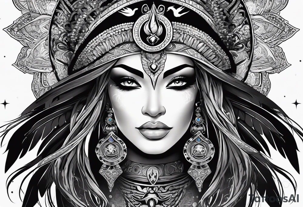 black kali, goddess pirate, alien, pachamama, valkrye, warrior, skull, lotus azul, wing, eagle, zenza resonance, stars, 5D tattoo idea