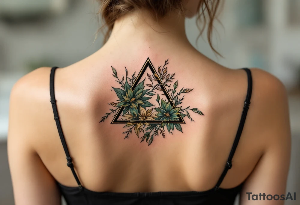 A black triangle filled with botanical linework in green and gold, combining geometry with growth located on the back of the head tattoo idea