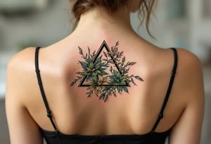 A black triangle filled with botanical linework in green and gold, combining geometry with growth located on the back of the head tattoo idea