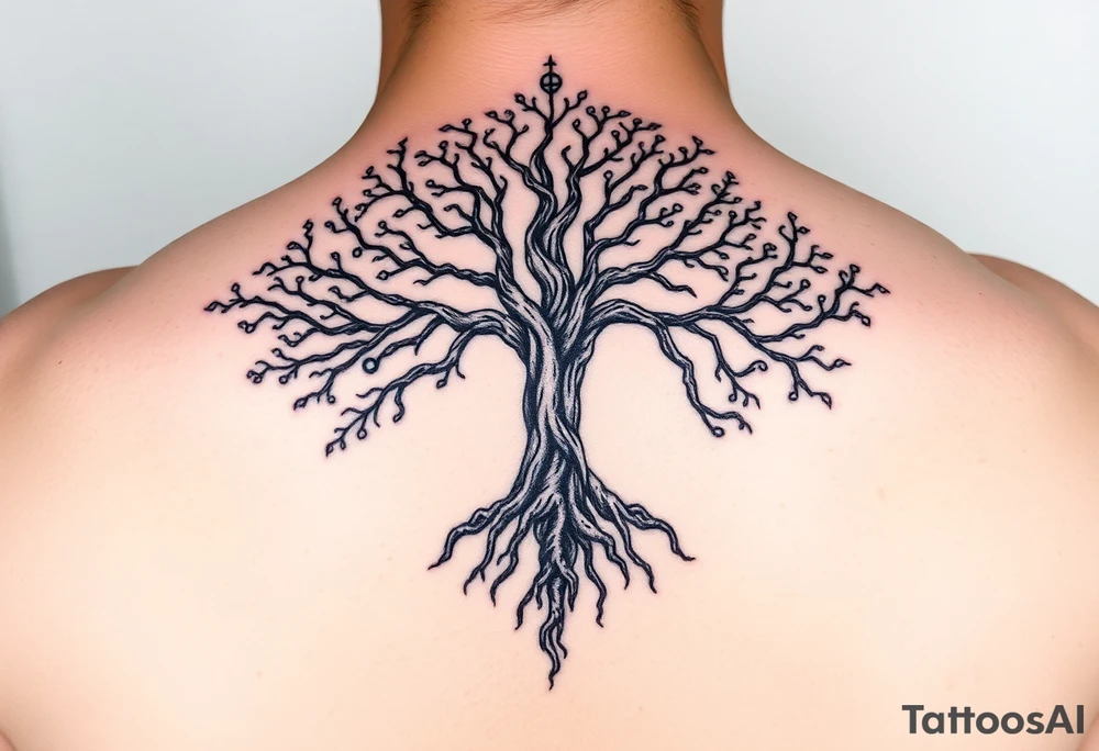 mystical tree of life with cosmic roots and celestial branches tattoo idea