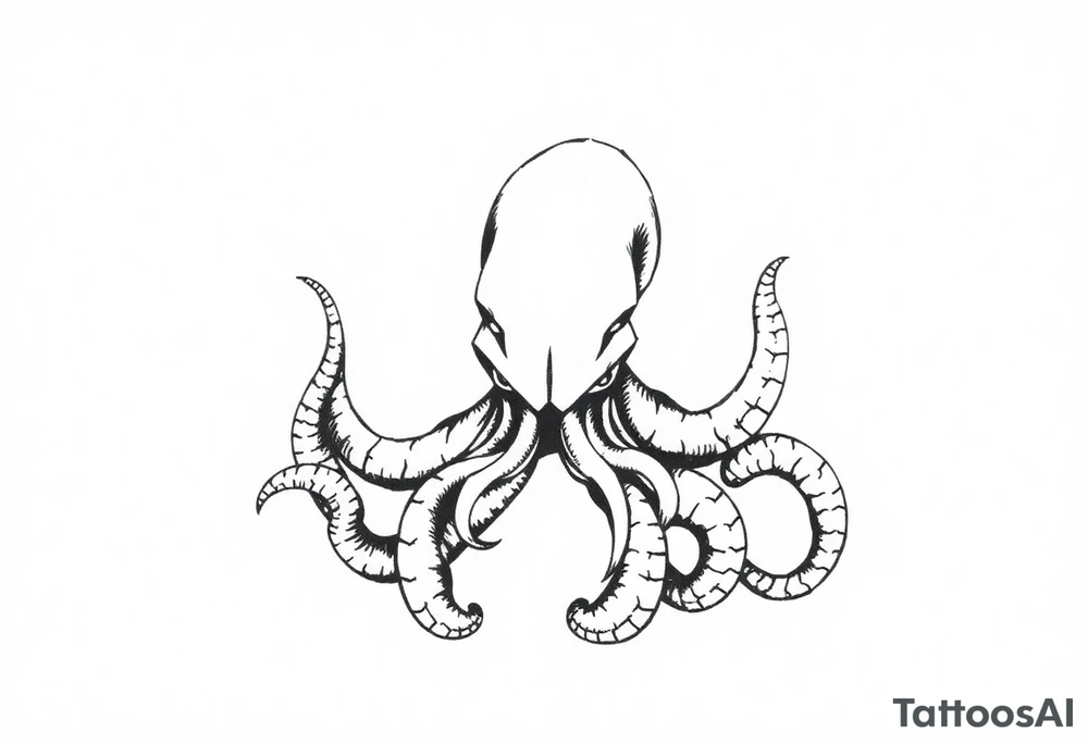 A minimalist blackwork tattoo design of an evil kraken The kraken is viewed from a 45-degree angle facing left, with its head centered. tattoo idea