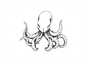 A minimalist blackwork tattoo design of an evil kraken The kraken is viewed from a 45-degree angle facing left, with its head centered. tattoo idea