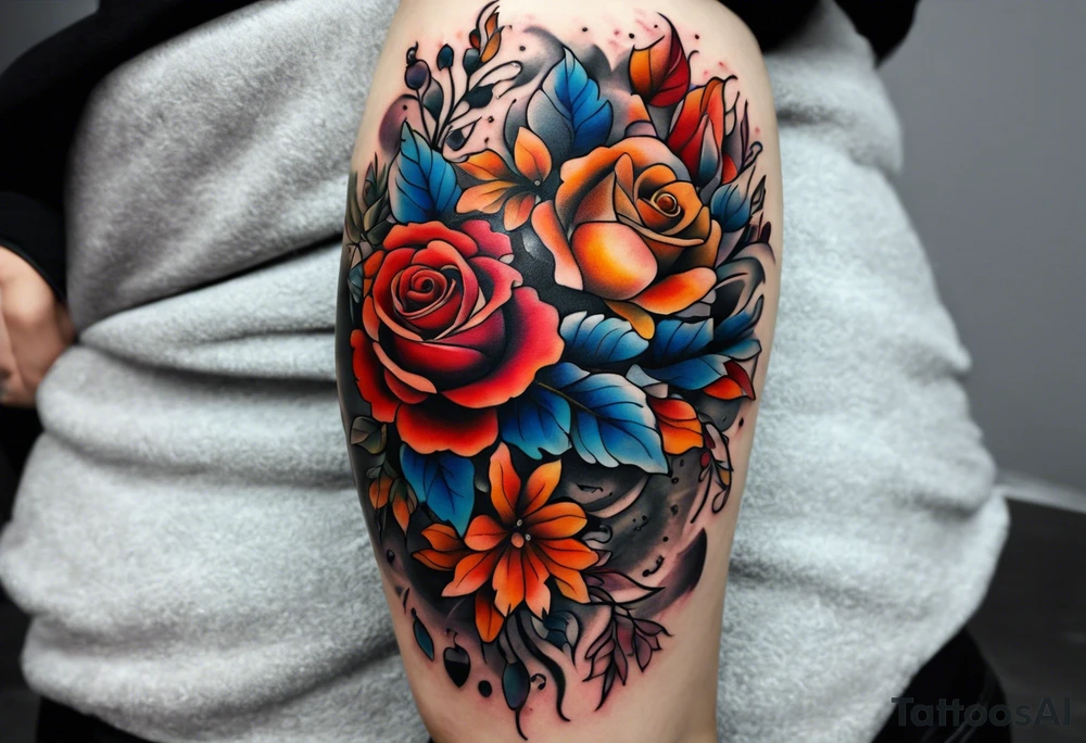 Front knee tattoo with fall colors, small flowers, rose, leaves, blue water flows with washes and background tattoo idea