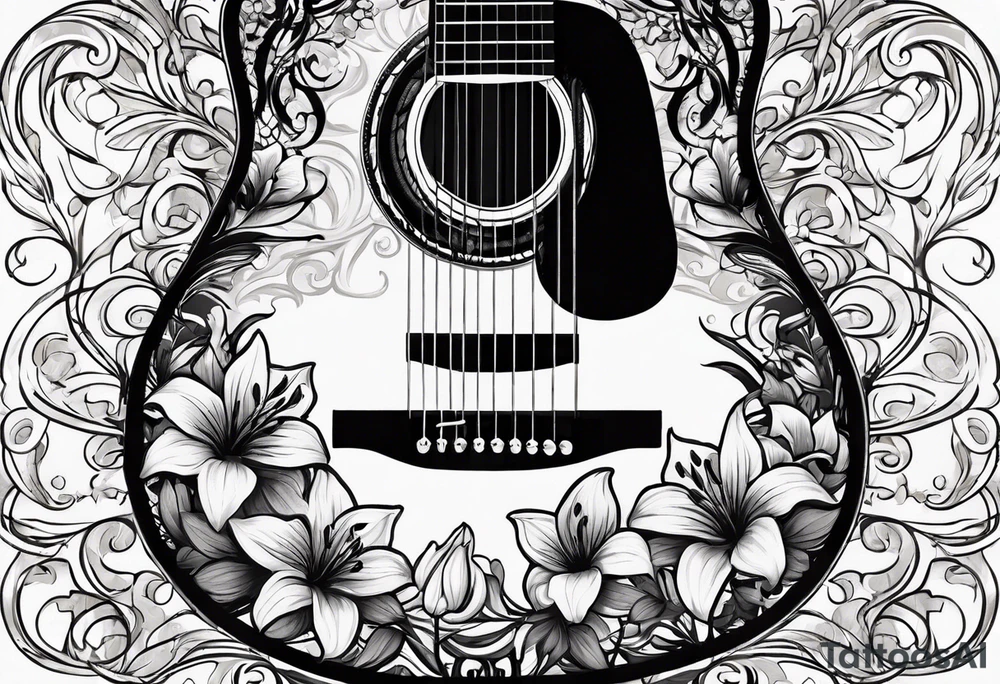basic black acoustic guitar wrapped with lilies around the neck, with a simple black star on the guitar body. meant for the inside of a woman's bicep tattoo idea