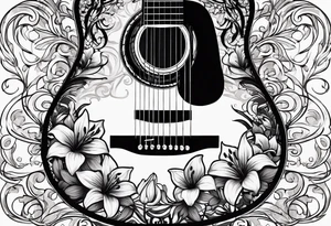 basic black acoustic guitar wrapped with lilies around the neck, with a simple black star on the guitar body. meant for the inside of a woman's bicep tattoo idea