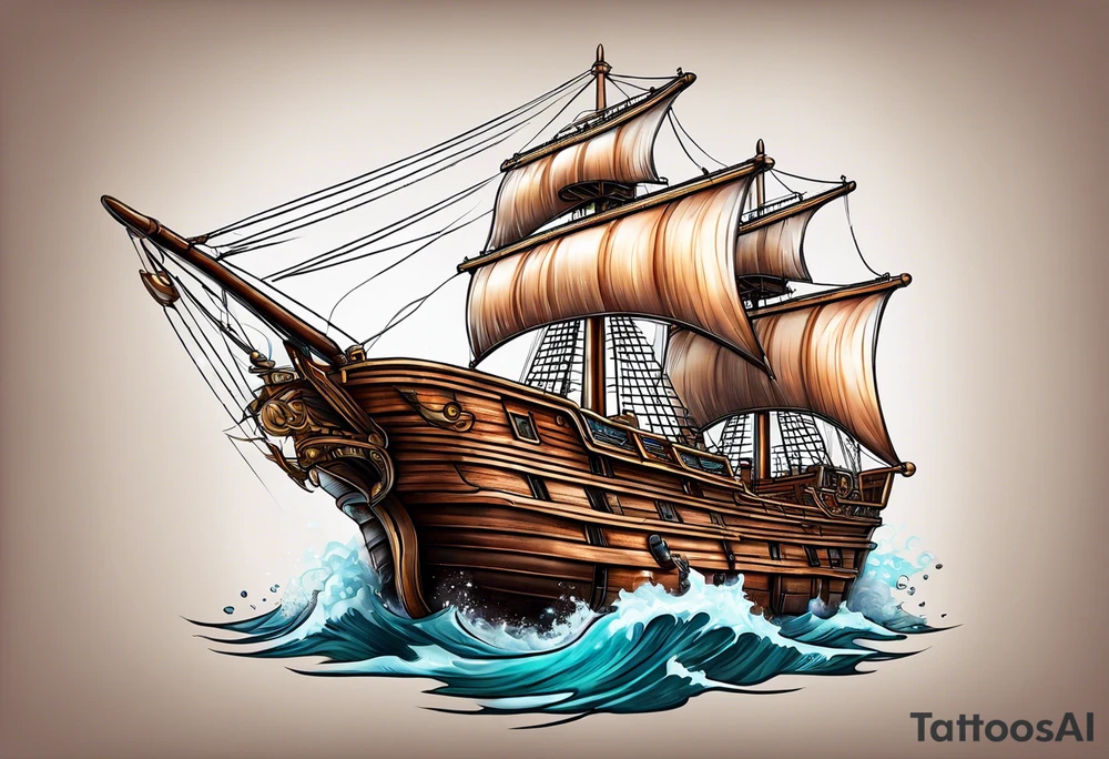 4 story wooden ship one plank coloured tattoo idea