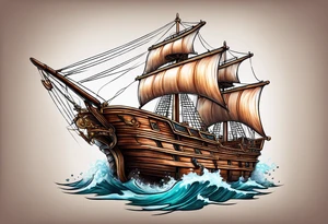 4 story wooden ship one plank coloured tattoo idea