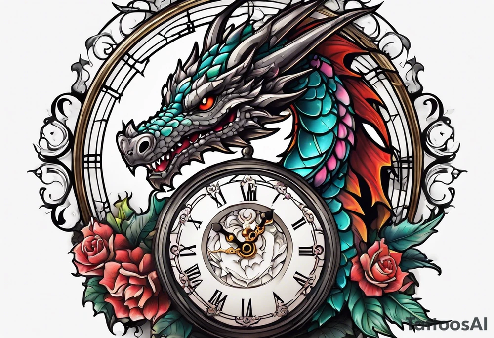Dragon kawaii , clock, cross tattoo idea