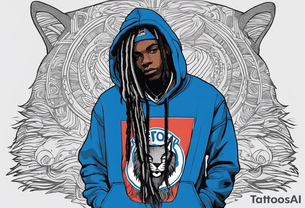 black well built teen with with a grey hoodie on and blue jeans with long dreads morphing 
into a blue wildcat in various spots on his body. I want his hoodie appear as if its been ripped in random places from the inside with I Carolina blue football jersey showing underneath that reads Camden tattoo idea