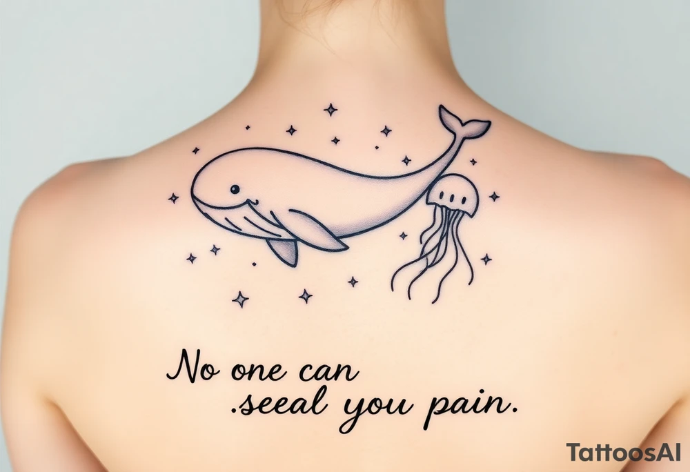 52hz Whale and jellyfish among the stars with the words No one can feel your pain 5x5 size tattoo idea